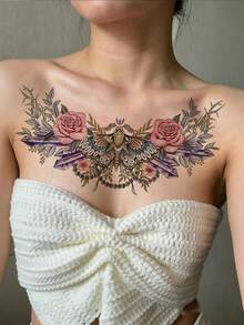 1pc Waterproof Butterfly Rose Tattoo Sticker, 32*19cm, Colorful Mandala Flower Chain Print Temporary Tattoo, Cool Pattern, Waterproof Non-Reflective, Easy To Use, Suitable For Women's Back, Chest And Other Areas, Lasts 3-7 Days, Essential For Parties And Music Festivals - Black - View 5