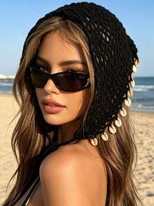 1pc Women's Handmade Hollow Triangle Scarf With Shells And Pearls, Beach Photography Headscarf Hat, Suitable For Daily Wear, Vacation, Bohemian Style - Headscarf - View 4