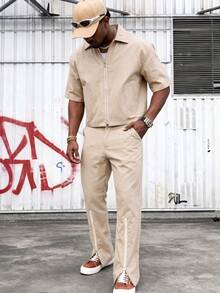 Men's Thin Comfortable Polyester Fabric Short Sleeve & Long Pants Set, Minimalist Streetwear Style, Casual Outdoor Daily Wear For Summer - Apricot - View 2