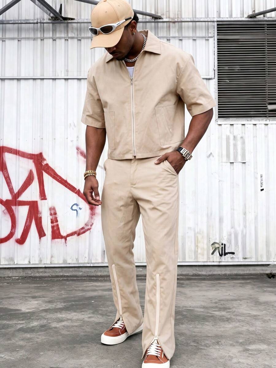 Men's Thin Comfortable Polyester Fabric Short Sleeve & Long Pants Set, Minimalist Streetwear Style, Casual Outdoor Daily Wear For Summer