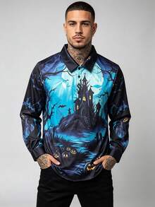 1pc Men's Textured Print Single-Breasted Pullover Long Sleeve Shirt, Handsome Versatile Polo Shirt, Casual Commute Top, Elegant Holiday Party Evening Wear, Perfect Gift For Father, Boyfriend, Dad, Friend, Halloween - Blue - View 4