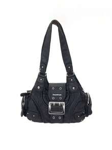 Y2K Metal Buckle Rivet Shoulder Bag, Vintage Washed Faux Leather Hobo Bag, Detachable Crossbody Strap Casual Handbag - Black - View 7