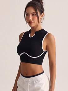 Women's Seamless Open Back Fitness Sports Cropped High Neck Contrast Color Trim Ribbed Tank Top, Suitable For Gym, Yoga, Casual Street Wear - Black - View 4