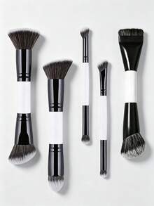 5 buah Kuas Makeup Multifungsi Dua Ujung, Kuas Alas Bedak, Kuas Perona Pipi, Kuas Bedak, Kuas Kontur, Kuas Perona Mata, Alat Makeup yang Dirancang untuk Wanita, Portabel, Hadiah untuk Anak Perempuan - Hitam dan Putih - View 12