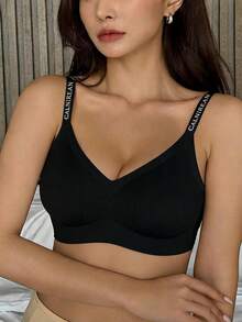 DAZY Non-Underwire Jelly Soft Support Camisole Lettered Shoulder Strap Anti-Sagging Racerback Seamless Bra - Black - View 6