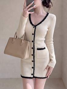 Gaun Sweater Mini Rajut Wanita, Desain Renda, Lengan Panjang, Potongan Ramping, Busana Modis untuk Musim Gugur/Dingin - Aprikot - View 4