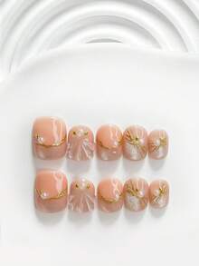 10件組平價奢華風手工穿戴甲，Polygel美甲套組，珍珠貝殼紋路，粉色與金色指甲油，溫柔風格，附美甲工具，3種尺寸可選：方形、短方形、杏仁形，適合派對、跳舞、日常配戴 - 彩色 - 查看 18
