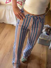 Multi-Color Vertical Striped Straight Leg Jeans, Street Casual Women's Versatile Fashion - Multicolor - View 4