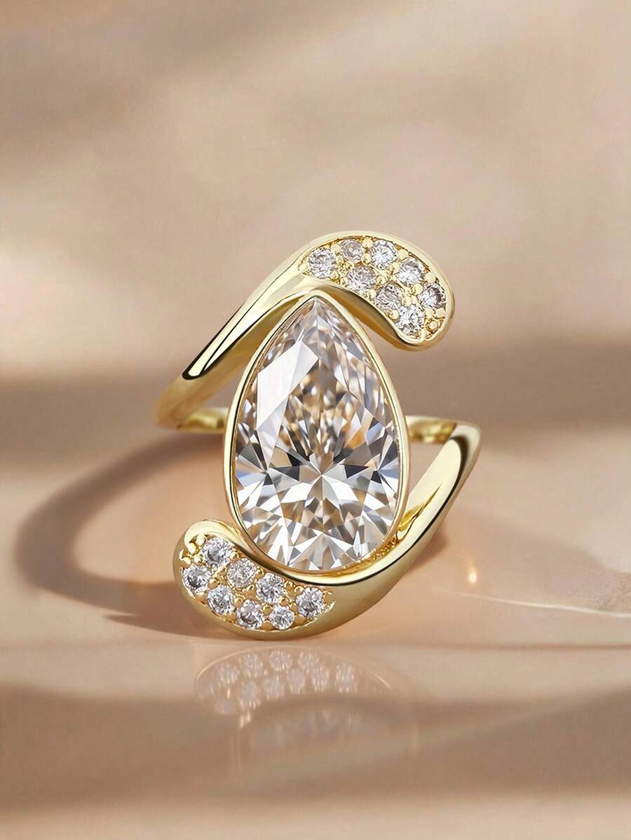 1件 18K金 7克拉溫柔優雅水滴形鋯石戒指，女性奢華禮品珠寶 - 金色 - 查看 1