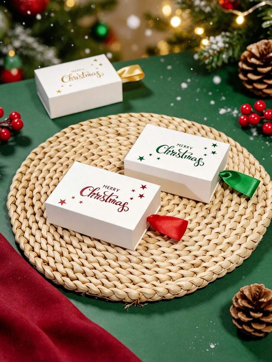 5pcs Festive Christmas Slide-Out Favor Boxes, Small Square Gift Packaging With Metallic Lettering And Matching Ribbon Handle, Reusable Holiday Boxes For Winter Parties, Family Celebrations, Table Displays And Surprise Gifts