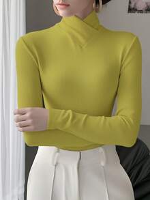 Women's Solid Color Knitted Cross Design Stand Collar Base Layer T-Shirt Top, Office Wear, Autumn/Winter New Arrival - Lemon Yellow - View 5