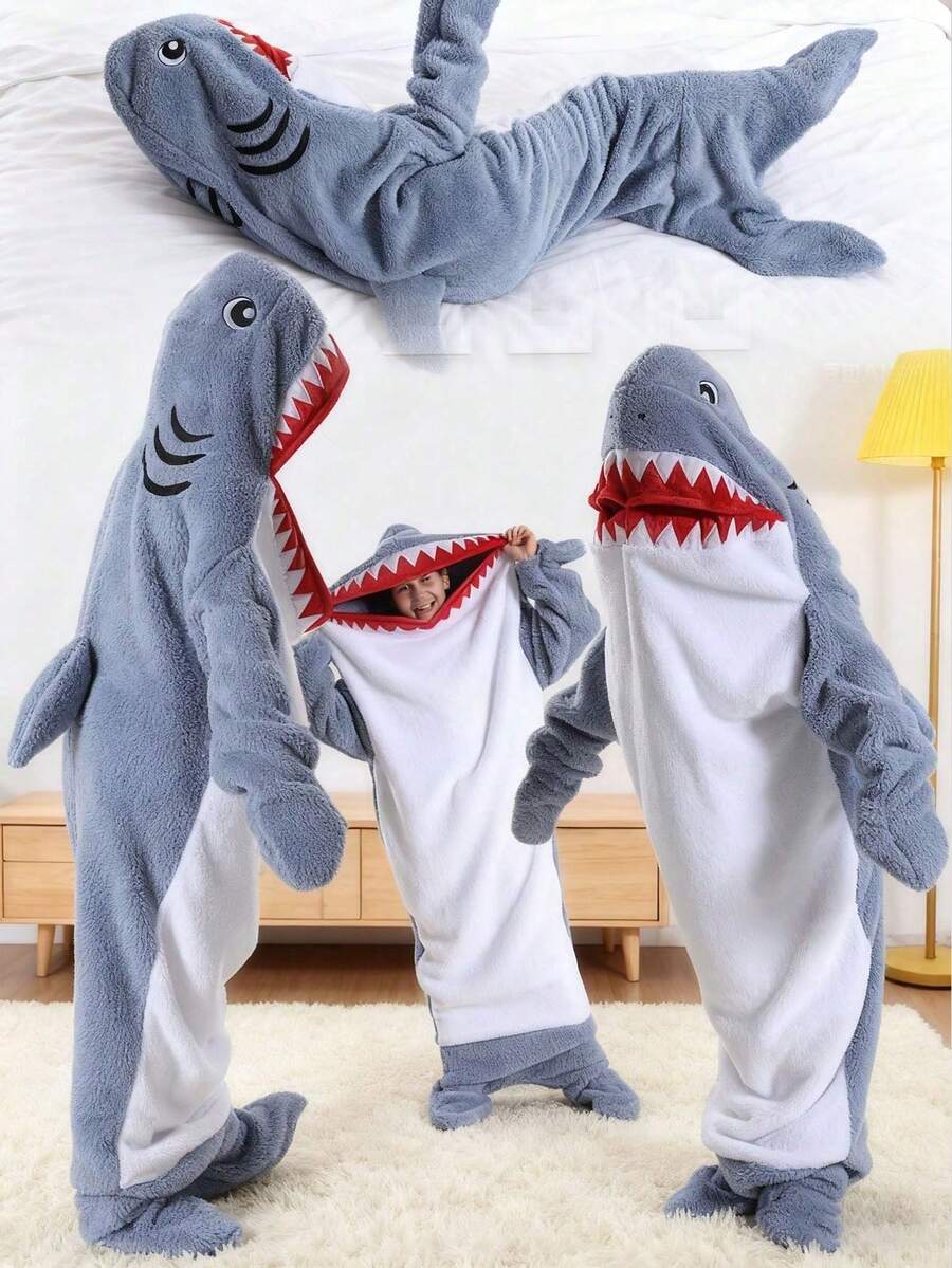 1pc Cartoon Shark Bathrobe, Soft Comfortable Flannel, Plus Size ...