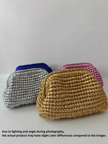 1pc Metallic Crochet Women's Clutch Bag, Elegant Handmade Knitted Snap Closure Handbag, Cosmetic Bag, Bags Ladies Elegant, Straw Bag - Multicolor - View 3