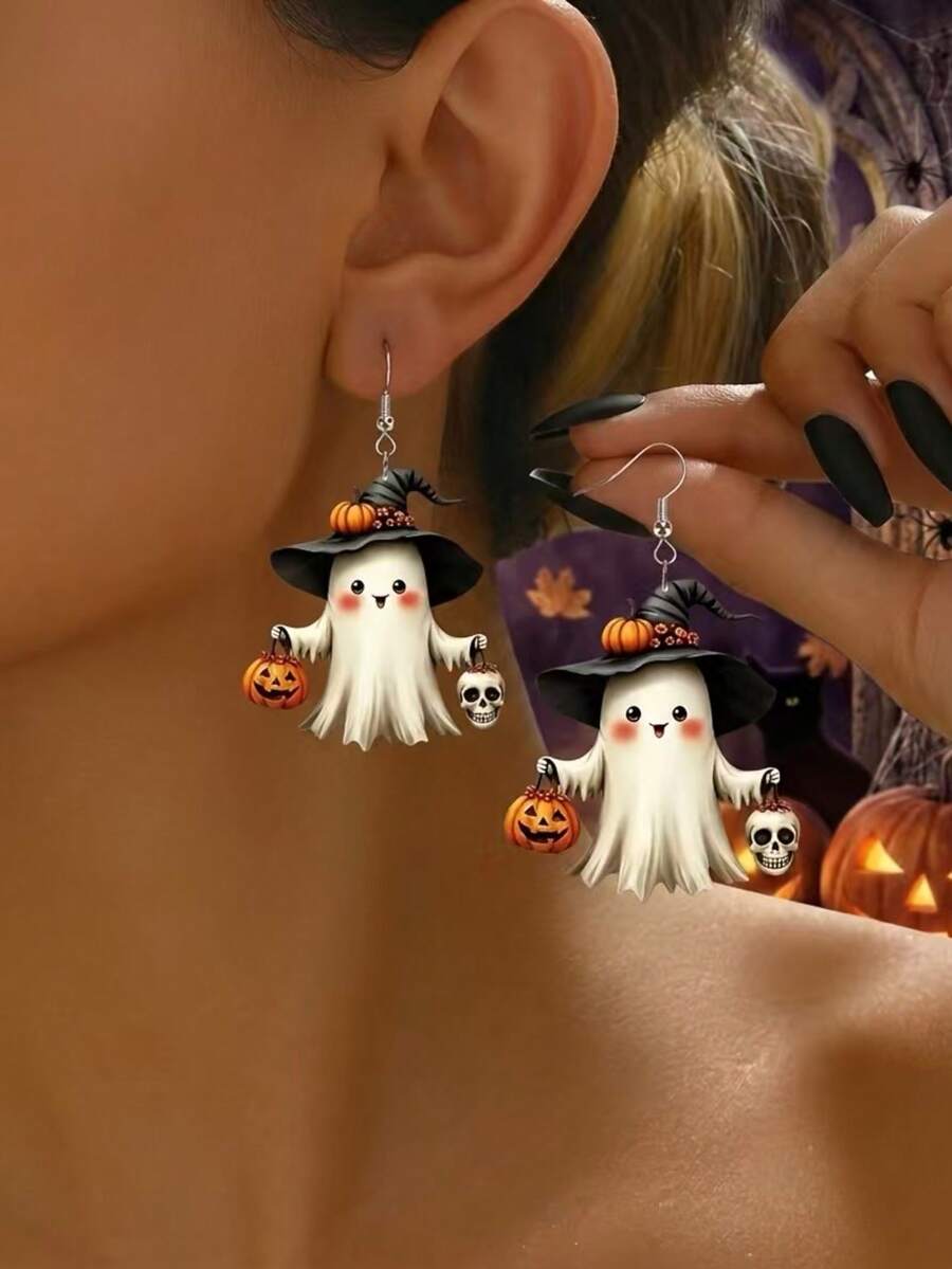 1 Pair 2D Flat Ghost Pattern Acrylic Earrings, Lightweight Cartoon Style Halloween Earrings, Perfect Fashion Halloween Gift For Girls And Women, Suitable For Any Occasion, Exquisite Gift For Halloween And Christmas - White - View 1