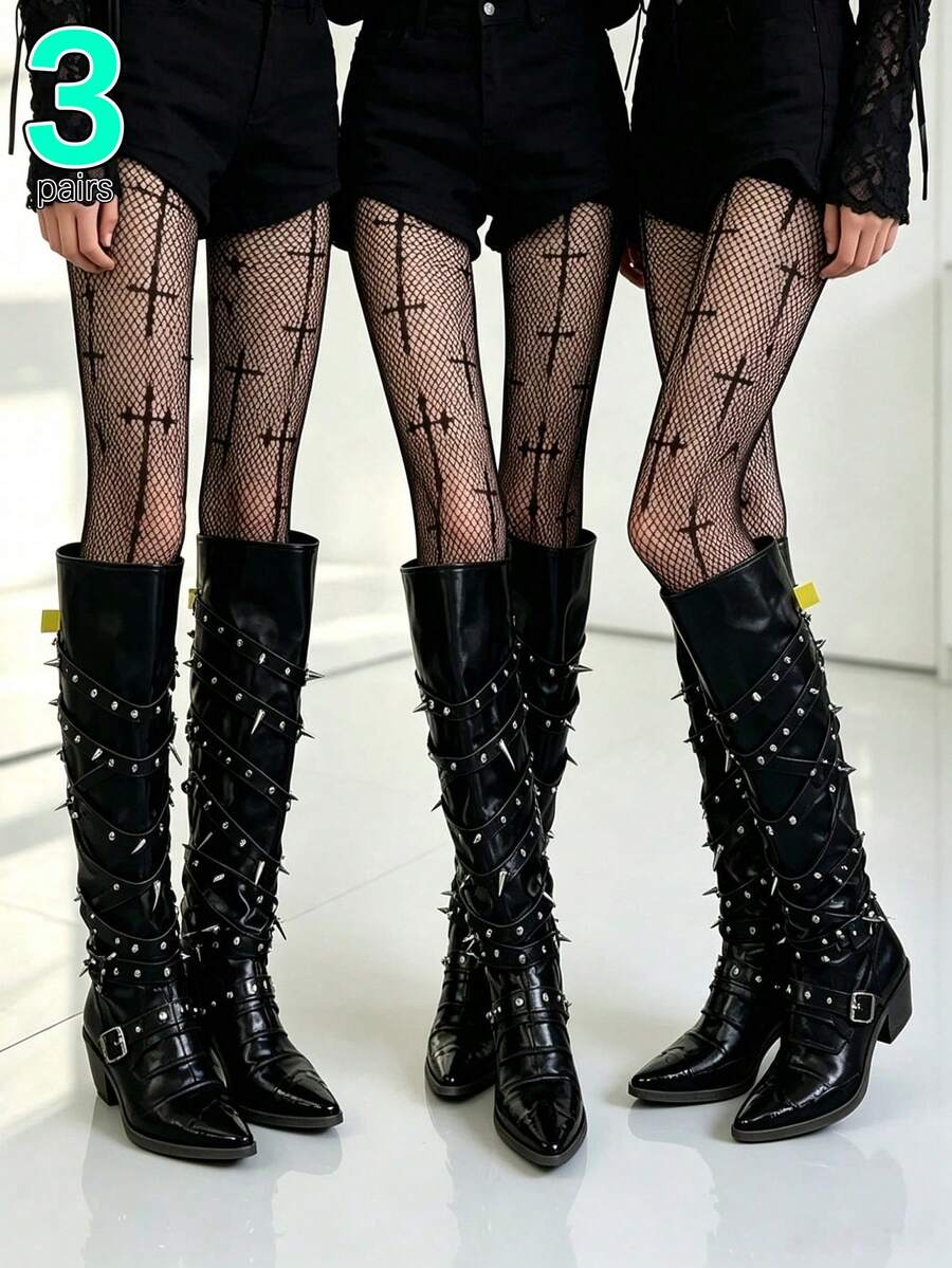 全印花十字鏤空網格哥德風魚網褲襪，性感派對 Cosplay 風格黑色魚網絲襪