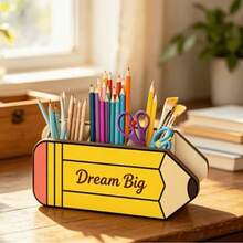 1pc Pencil-Shaped Desktop Organizer - "Dream Big" Inspirational Pencil Design Wooden Pen Holder | Multi-Compartment Desktop Stationery Storage Box | Suitable For Teachers And Students Offices | Unique Teacher Appreciation Gift, Lightweight And Durable Design, Storage For Writing Tools, Brushes And Stationery, Smooth Wood Grain Surface - View 3