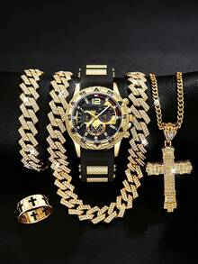 5pcs Set New Men's Large Dial Quartz Watch And Hip Hop Cuban Rhinestone Cross Pendant Accessory Set, Suitable For Daily Wear, Sports, Holidays, Campus Gift - Multicolor - View 11