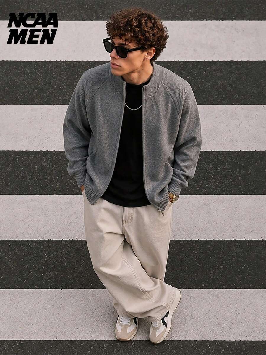 Vintage Minimalist Casual Ribbed Knit Cardigan Jacket With Zipper, Unisex Spring/Autumn Daily Versatile Commuter Style - Grey - View 1