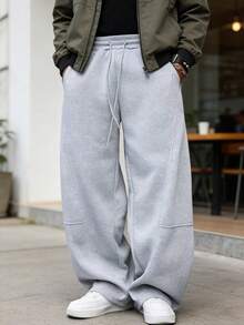 Men's Streetwear Loose Fit Sweatpants, Suitable For Casual Daily Wear, Elastic Waistband With Drawstring Closure - Grey - View 9