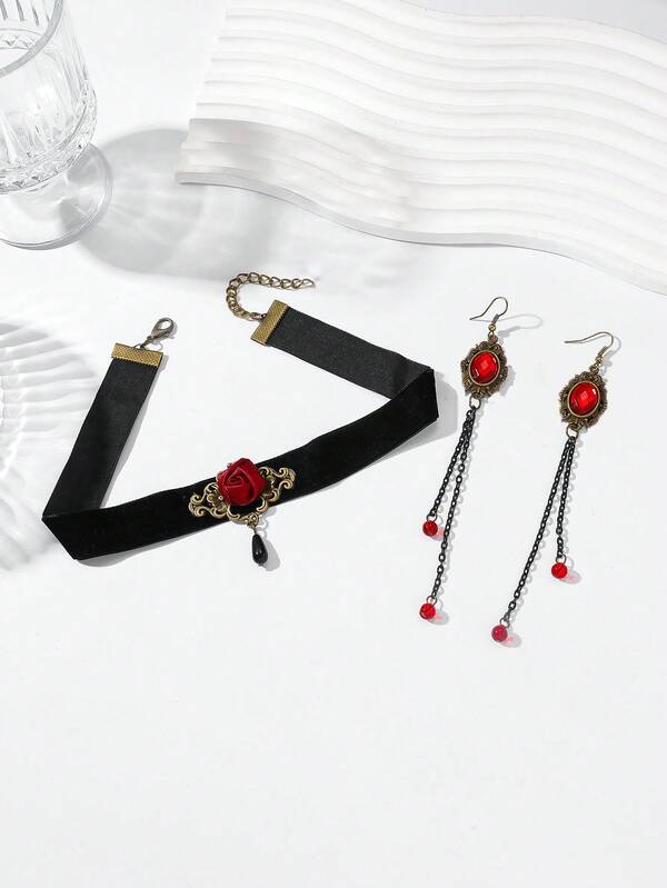 Set de 3 piezas de collar de terciopelo vintage con rosa y borlas & pendientes largos de cadena de rubí para mujer, accesorios de diseño de nicho para chica de moda