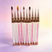Pink‑White Rhinestone‑Filled Nail Art Brushes, Rose‑Gold Ferrule For Exquisite Hand‑Painted Nail Designs - Pink - View 9