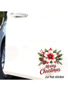 1pc Outdoor Christmas Car Sticker, Watercolor Print Technique, Pattern Includes Poinsettia, Pine Cone, Red Berry, Evergreen Branch And Elegant "Merry Christmas" Text; Suitable For Car Paint, Car Window, Metal Mailbox And Refrigerator - Christmas Decorations - View 2