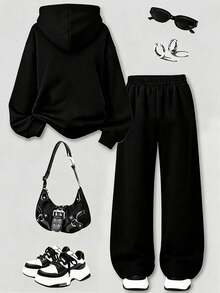 Teen Girls Letter Print American Style Hooded Zip-Up Sweatshirt + Casual Long Pants 2-Piece Set, Autumn/Winter Outfit, Campus Style, Homecoming Look - Black - View 4