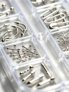 12pcs Punk Y2K Nail Piercing Decor Set 3D Metal Silver Mixed Style C-Ring Star Safety Pin Spike Barbell Rivet DIY Gothic Cool Nail Art Decoration For Women - Multicolor - View 5