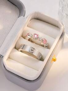 2 Buah Cincin Hati Stainless Steel, Set Cincin Gaya Dopamin, Cocok untuk Pemakaian Sehari-hari Wanita - Perak - View 1