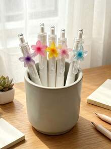 6/1pc 0.5mm Black Ink Pen With A Plumeria Flower Design, Smooth Writing, Creative Stationery Set, Perfect For Everyday Office Use Or As A Gift, Stylish Pen Set Made Of Durable Lightweight Plastic, Multi-Pack, A Back-To-School Essential - A - View 1