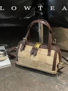 low tea 1pc Contrast Color Fashion Small Bucket PU Fabric Handbag With Adjustable Shoulder Strap, Suitable For Commuting, Shopping, Etc. - Light Khaki - View 8