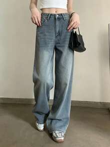 Women's Retro Blue Wide Leg Denim Jeans, New Low Waist Slimming Tall-Looking Versatile Straight Leg Loose Fit Pants - Retro Blue - View 1