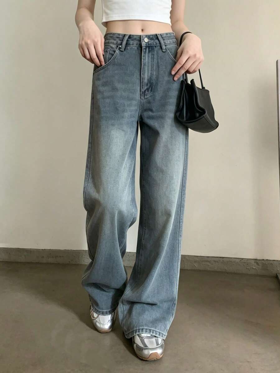 Women's Retro Blue Wide Leg Denim Jeans, New Low Waist Slimming Tall-Looking Versatile Straight Leg Loose Fit Pants - Retro Blue - View 1