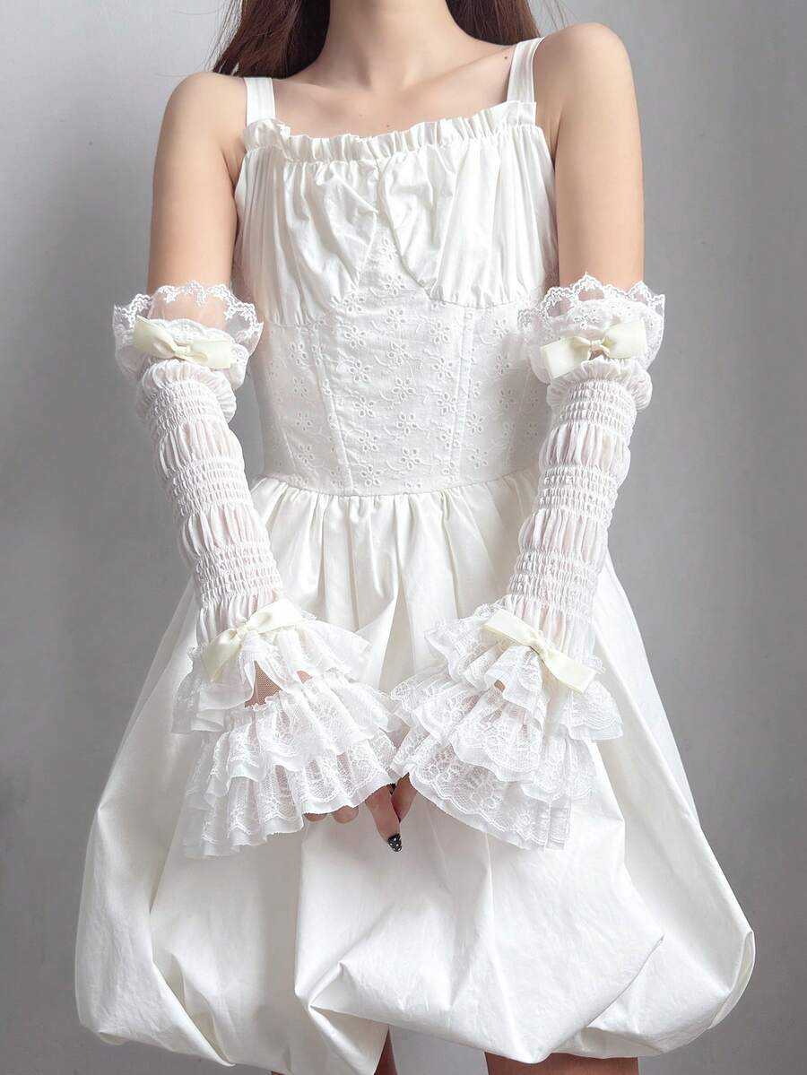 1 Pair Girls Lace Trim Patchwork Arm Sleeves, Ballet Style White & Black Sleeve Covers, Sweet Cute Lolita Bowknot Arm Warmers - Multicolor - View 1