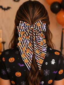 1件個性化萬聖節蜘蛛與幽靈印花大尺寸透明緞帶蝴蝶結髮夾彈簧夾，手機派對女性髮飾頭飾 - 彩色 - 查看 7