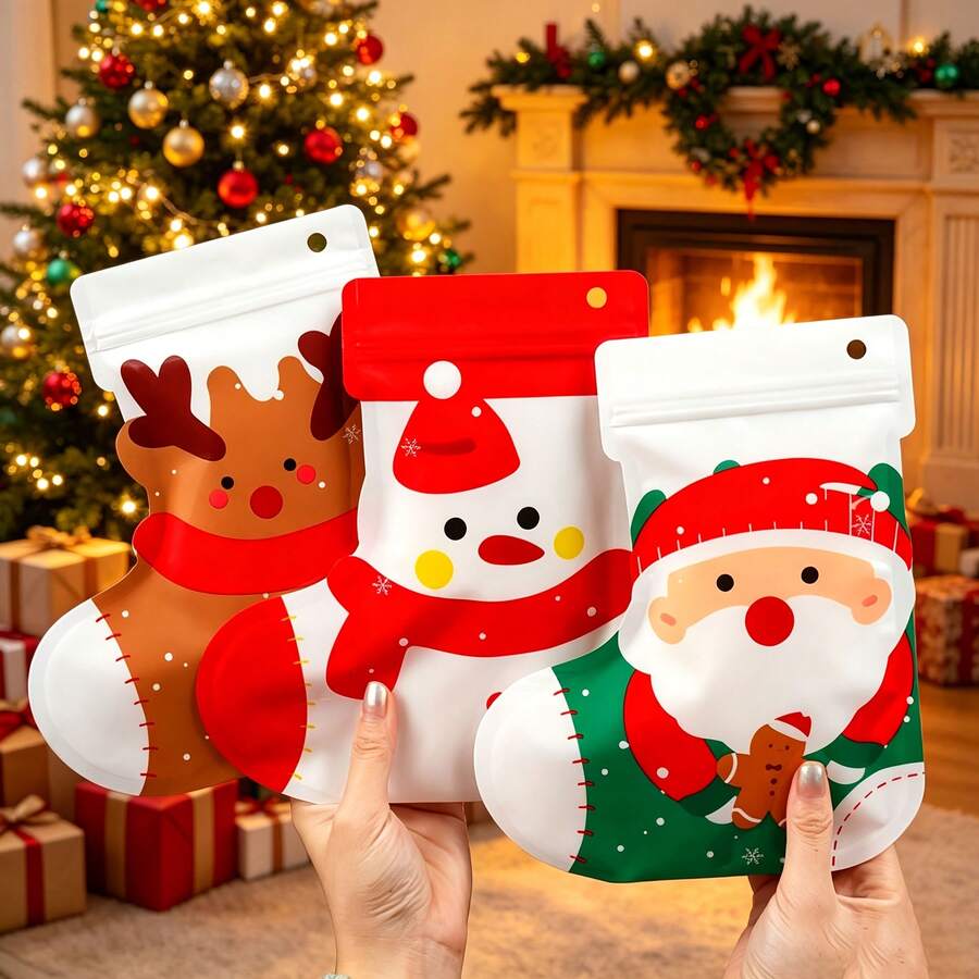 10 buah Kantong Hadiah Natal Berbentuk Kaus Kaki untuk Camilan/Permen Natal, Kantong Kemasan Hadiah Kecil untuk Permen Liburan/Dekorasi Pohon Natal, Tersedia Berbagai Gaya - View 1