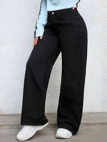 Teenage Girls' Fashion Solid Color Straight-Leg Jeans - Black - View 4