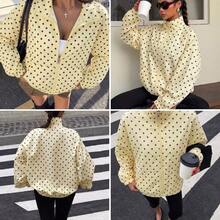 Chaqueta de manga larga con lunares y cremallera, casual y versátil para uso diario y viajes para mujer - amarillo ganso - Ver 11