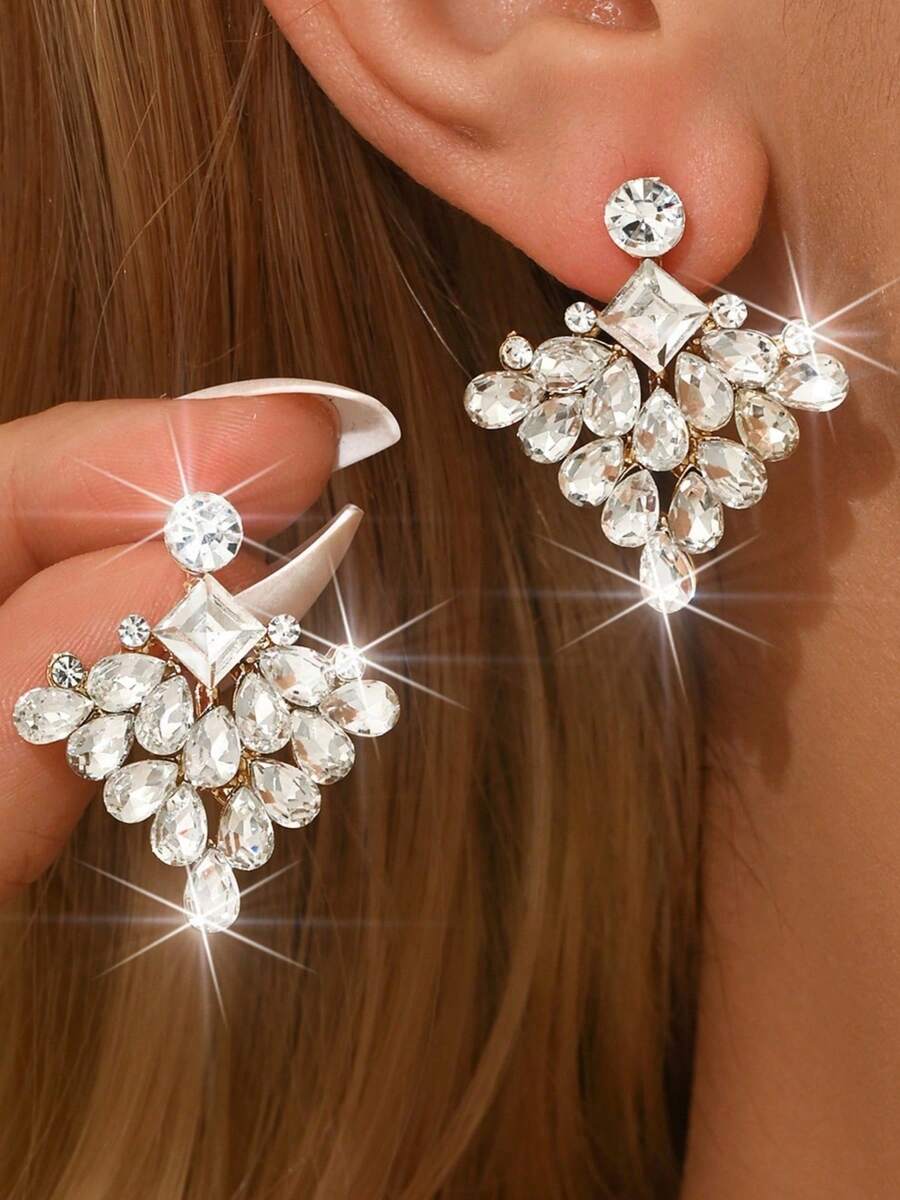 1 par de pendientes de botón de mujer con strass en forma de lágrima, brillantes y glamurosos, estilo de fiesta de moda - Dorado - Ver 1