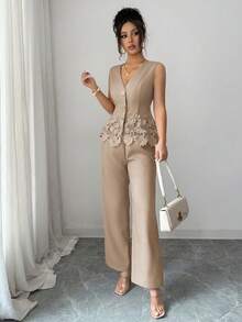 LUNNELUX Women's 2 Pieces Fall Set Top, French Elegant Vacation Back To School Casual Outfit Brown Summer - Brown - View 7