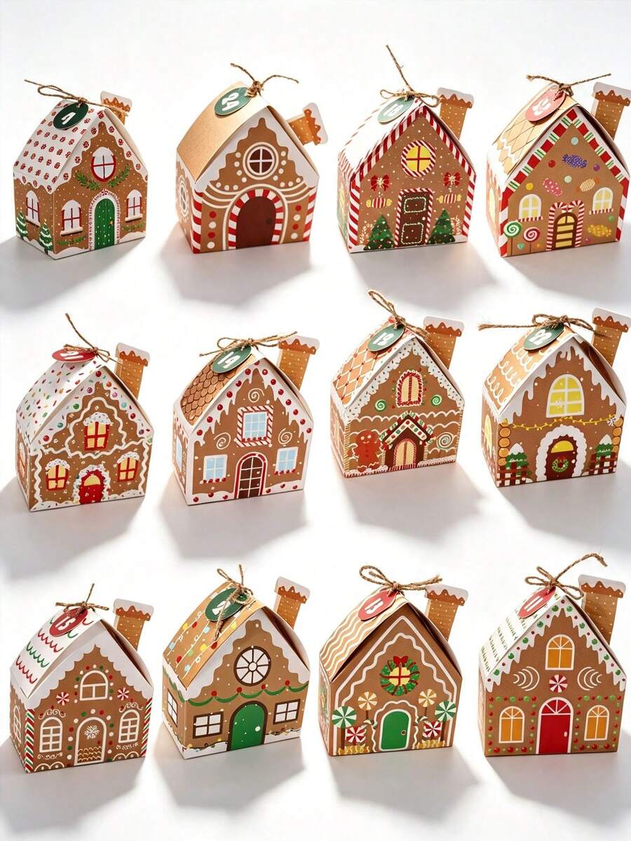 24PCS Christmas Gingerbread House Paper Gift Boxes, 24 Days Countdown Gift Boxes Size 10x9.5x5.5cm, With Jute Rope And Tags, Christmas House Shape, For Holiday Party Candy Cookie Snack Packaging - View 1