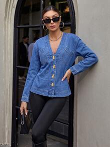 HAPPY GIRL#Spring/Autumn Versatile Fashion Solid Color Elegant Denim Beach Front Button Waist-Cinching Design Women's Long Sleeve Denim Top - Blue - View 7