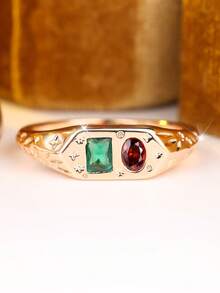 Vintage Two-Tone Stamp Ring, Inlaid With Rectangular Emerald And Oval-Cut Garnet, Star Pattern Cocktail Exaggerated Style Ring - Ring - View 5