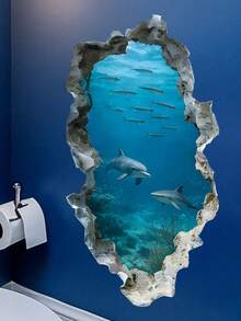 1pc Underwater World Hole Effect Sticker, Dolphin & Shark Decor Sticker, Creative Bathroom Wall Decor Self-Adhesive Removable - Multicolor - View 8