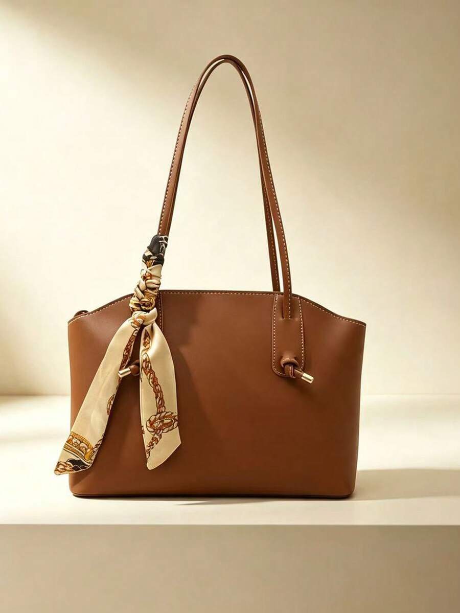 Women Large Capacity Tote Bag, Elegant Shoulder Handbag With Decorative Silk Scarf, Office Work Commute Shopping Top‑Handle Purse - Brown - View 1
