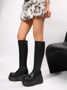 FVPFVP 2026 New Autumn/Winter Elastic Slimming Thick Sole Height-Increasing Over-The-Knee Tall Boots For Women, Black Chunky Leg High Boots - Black - View 2