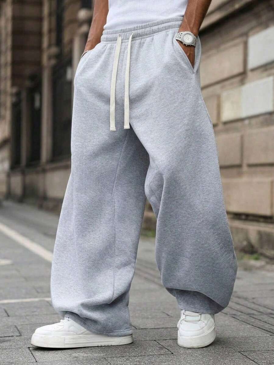 1pc Men's Loose Casual Sports Pants, Featuring Solid Color Wide Leg Design, Drawstring Waist And Large Pockets, Suitable For Daily Walking, Work, Travel And Other Occasions. Suitable For All Seasons, Lightweight And Loose, Casual Sports Pants - Grey - View 1