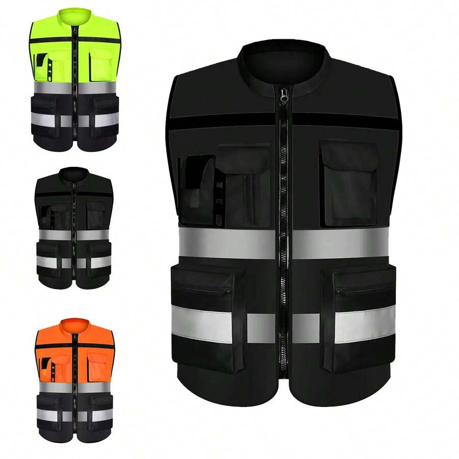 Reflective Safety Vest With Zipper And Pockets, Unisex, High-Visibility, Suitable For Construction Sites, Drivers, And Warehouse Work; Available In 3 Colors.
