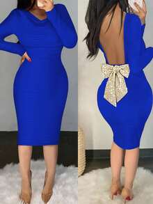 ChicMe High Neck Backless Long Sleeve Ruched Bodycon Dress, Shiny Sequin Bow Decor, Mid-Length Party Dress - Blue - View 4