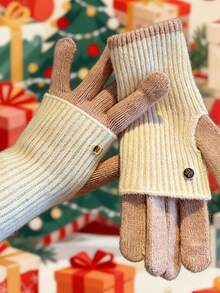 1 Pair Cute Winter Dual-Use Colorblock Wool Women's Gloves, Fingerless, Touchscreen Compatible, Warm, Cycling, Student - Multiple Styles - View 9